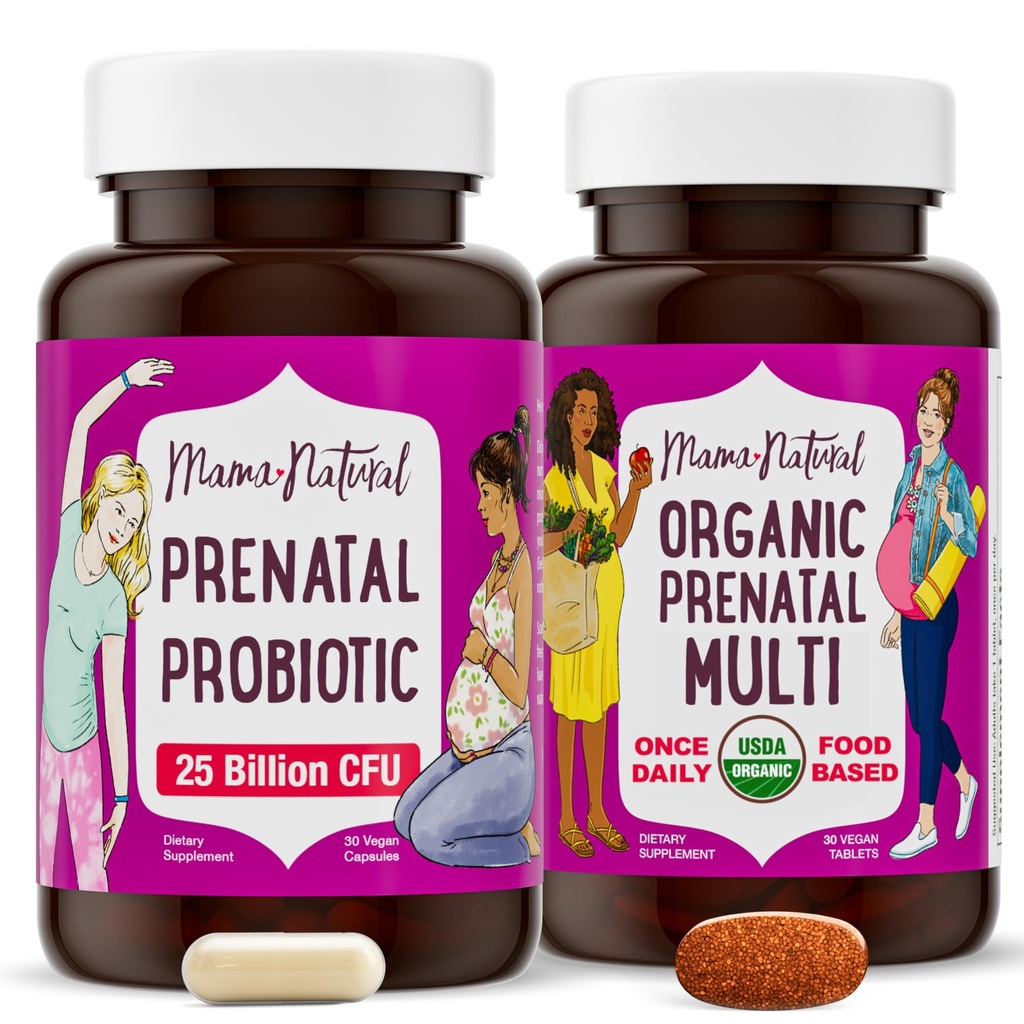 Mama Natural Prenatal Bundle – Vitamines prénatales biologiques pour les femmes + Probiotiques ciblés pour la grossesse et le bien-être postpartum - Juste 2 pilules par jour - Vegan & Non-OGM (30 jours d'approvisionnement)