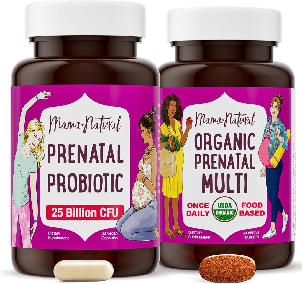 Mama Natural Prenatal Bundle – Vitamines prénatales biologiques pour les femmes + Probiotiques ciblés pour la grossesse et le bien-être postpartum - Juste 2 pilules par jour - Vegan & Non-OGM (30 jours d'approvisionnement)