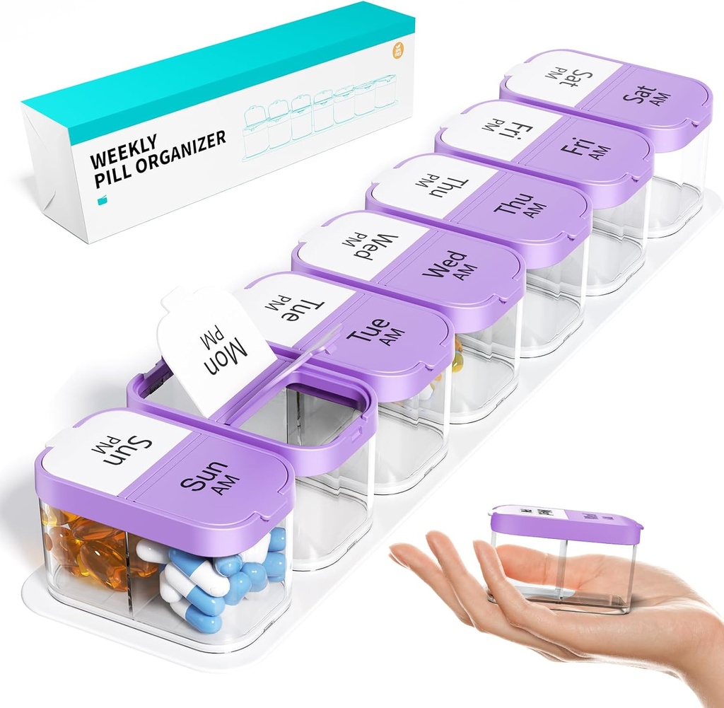Odaro Extra Large Weekly Pill Organizer 2 fois par jour, Pill Box 7 Jour Am Pm pour tenir la médecine quotidienne vitamine et suppléments - violet