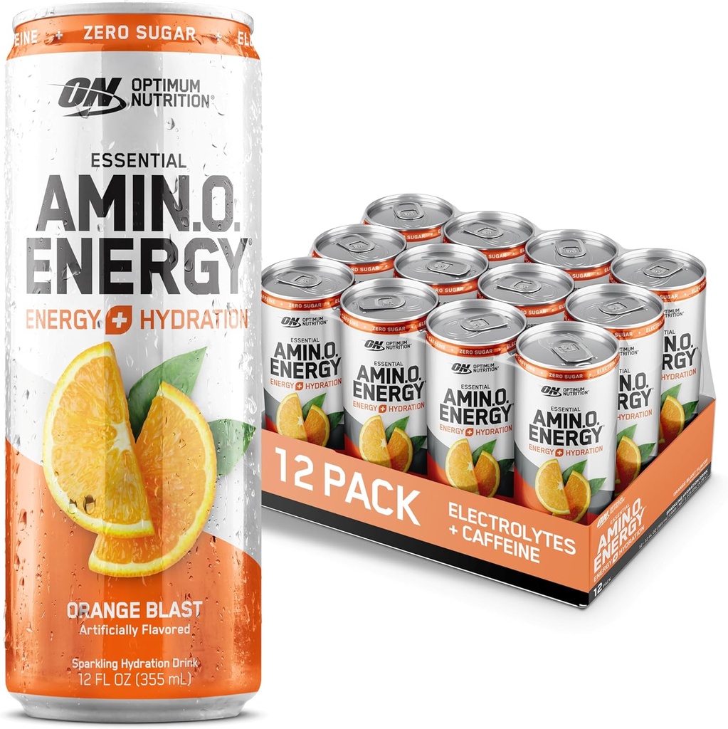 Optimum Nutrition Amino énergie Sparkling boisson d'hydratation, électrolytes, caféine, acides aminés, BCAAs, sans sucre, blast orange, 12 Fl Oz, 12 pack (emballage mai Vary)