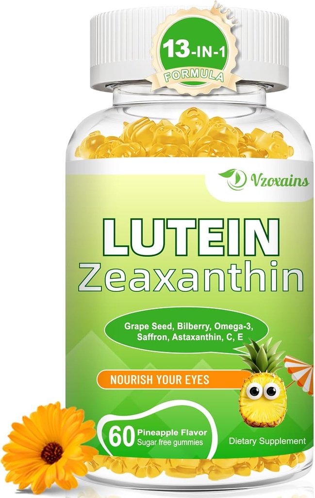 Lutéine 20 mg avec Gummies Zeaxanthin, Lutéine et Suppléments Zeaxanthin avec Vitamines oculaires C, E, Bilberry pour la santé des yeux - 60Cts