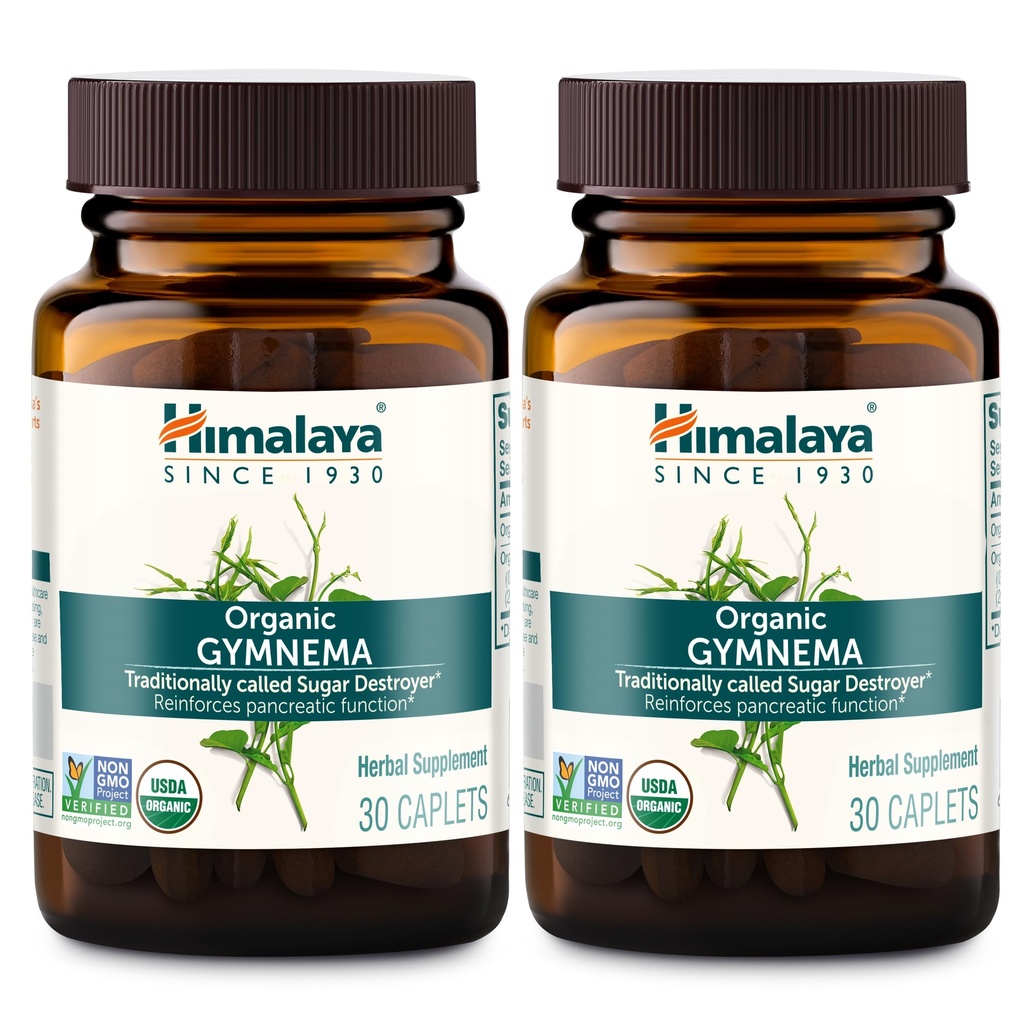 Himalaya Organic Gymnema Sylvestre – Soutien au métabolisme du glucose à base de plantes - USDA Organic, non-OGM, végétalien, sans gluten, sans additifs, 700 mg, 30 Caplets (paquet de 2)