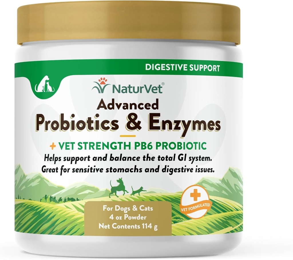 NaturVet – Probiotiques et enzymes avancés - Plus Vet Strength PB6 Probiotics soutient et équilibre les animaux avec des estomacs sensibles et des problèmes digestifs pour les chiens et les chats (4 oz)