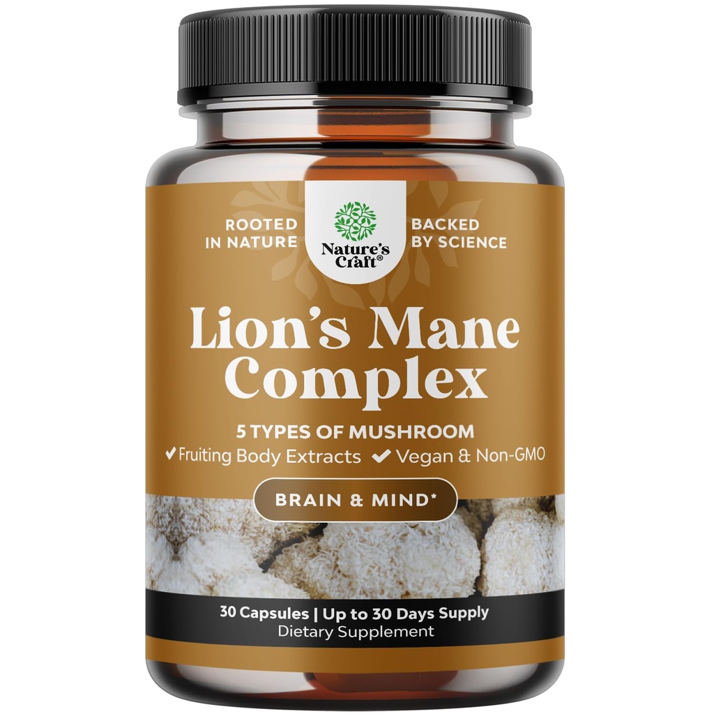 Supplément de Champignon Lion's Mane Advanced - Capsules de Supplément de Mane Lions avec Reishi, Chaga, Maitake & Shiitake pour la santé cérébrale Support et Focus - Nootropic pour la clarté mentale - 30 capsules