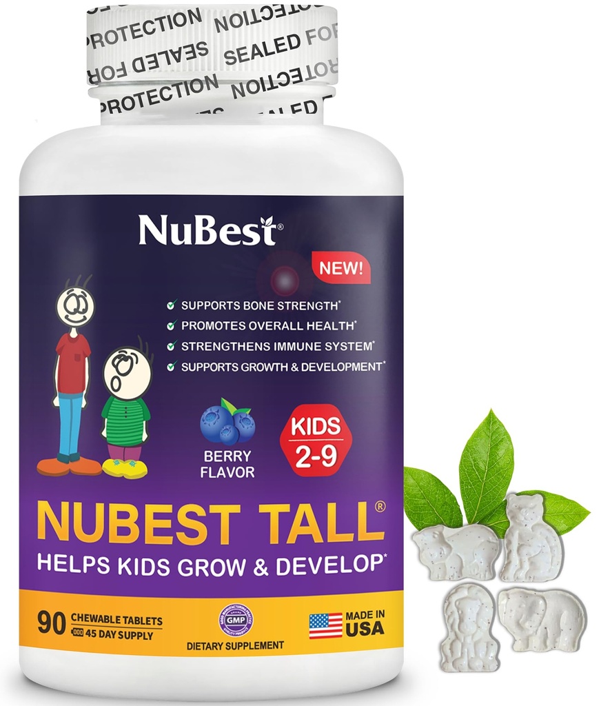 NuBest Tall Kids - Vitamines et Vitamines pour les enfants de 2 à 9 ans - Soutenir la force osseuse, la santé globale et l'immunité - Formes animales - 90 comprimés de baies à croquer