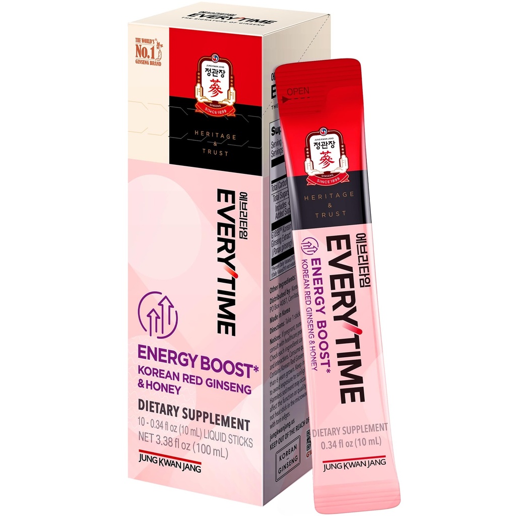 JUNG KWAN JANG Chaque fois que l'énergie booster Ginseng rouge coréen extrait 1000mg et miel - Ginseng végétal Ginseng énergie boissons suppléments de bâton liquide - construit l'endurance et l'immunité Non caféine (10 bâtons, 0,34 fl oz)