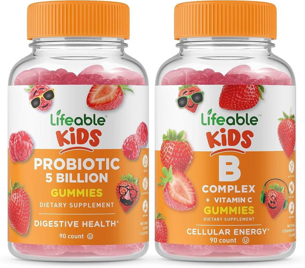 Probiotiques vivants 5 milliards d'enfants + B complexes enfants, bundle de gommes - Grande dégustation, supplément de vitamine, sans gluten, sans OGM, gomme à mâcher