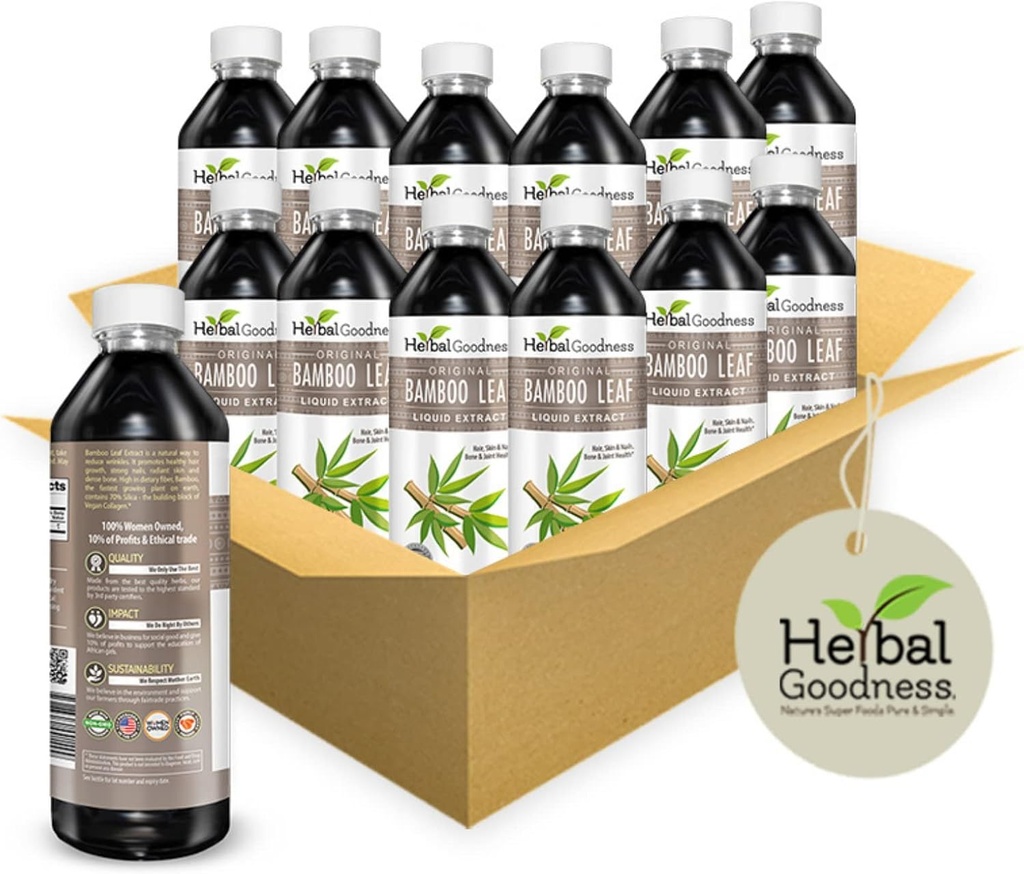 Extrait de feuille de bambou liquide 12oz - Harnais La puissance de la nature pour la santé de la peau et des cheveux - Riche en silice pour les ongles plus forts, biologique, non-OGM - Vitalité liquide pure Bonté à base de plantes