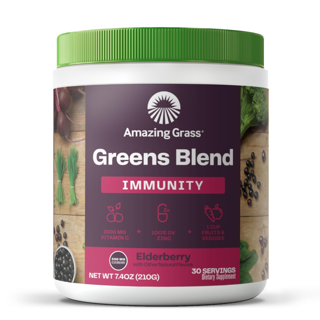 Amazing Grass Greens Blend Superfood pour Immune Support: Super Greens Powder Smoothie Mix avec Spiruline biologique, Chlorella, poudre de racine de betterave, enzymes et probiotiques digestifs, Elderberry, 30 portions