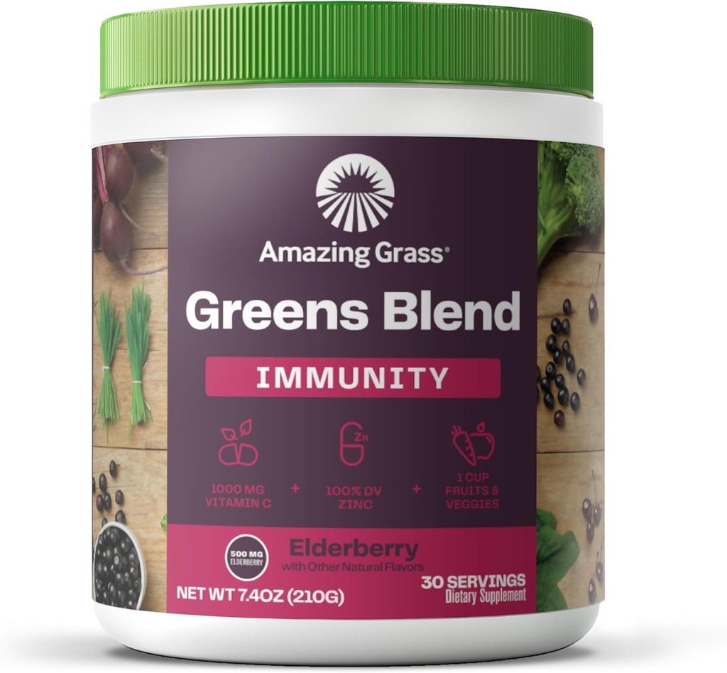 Amazing Grass Greens Blend Superfood pour Immune Support: Super Greens Powder Smoothie Mix avec Spiruline biologique, Chlorella, poudre de racine de betterave, enzymes et probiotiques digestifs, Elderberry, 30 portions