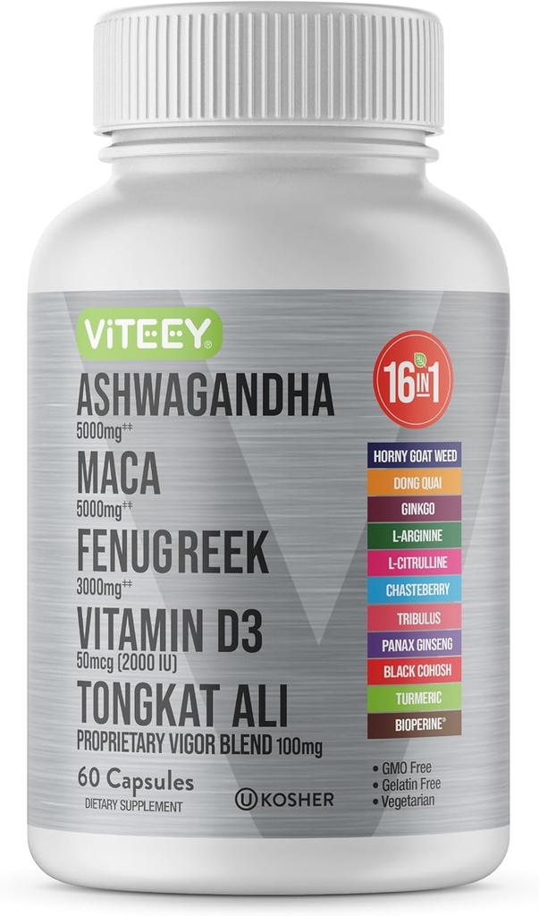 Viteey Ashwagandha Maca Fenugreek Supplément avec Tongkat Ali – Soutien à la motivation, à la passion et à l'énergie pour les hommes et les femmes – Soutien à l'humeur, au calme et au stress - 60 Capsules