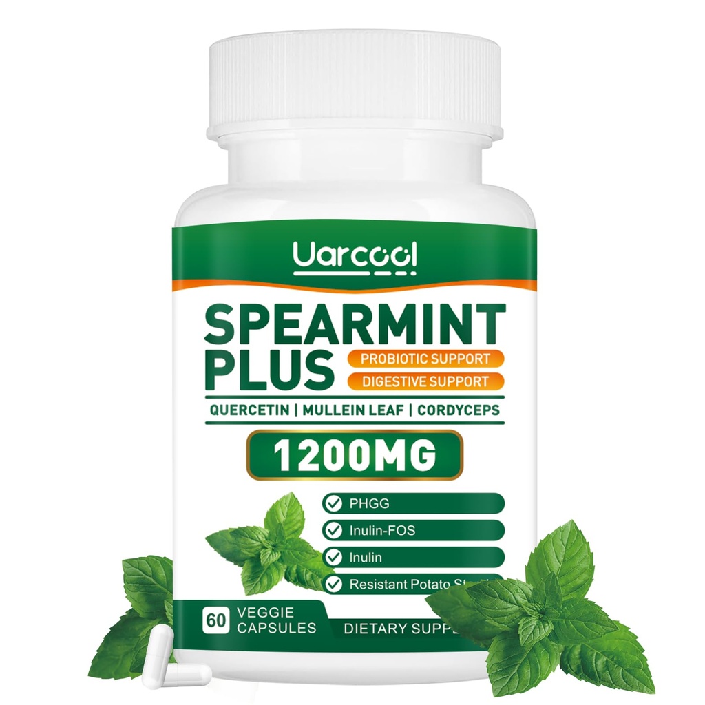 Spearmint Plus Supplément 1200mg - pour la santé digestive, de la peau et de l'estomac, Alternative Spearmint Tea- USA Made & Tested - 60 Softgels