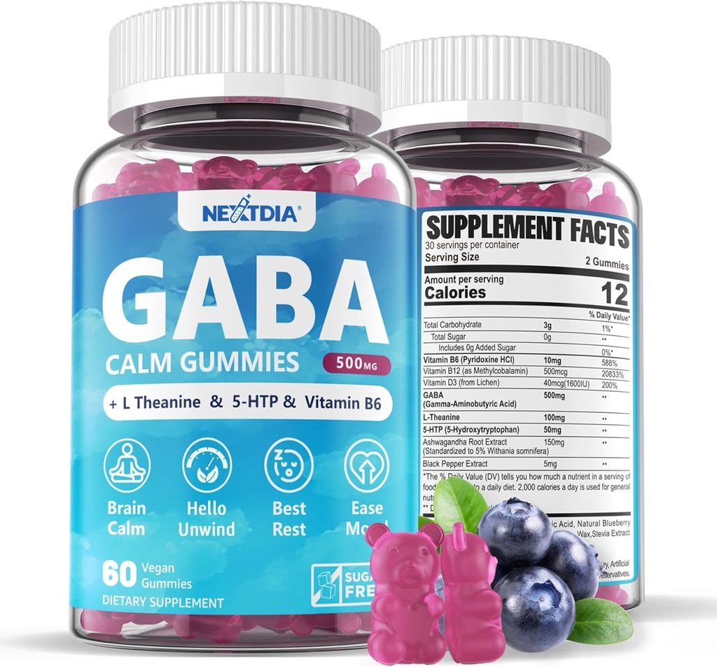 Gommies GABA 500 mg - Gommies calmes sans sucre avec L Theanine, 5-HTP, Vitamines D3, B12, Ashwagandha, Melatonine-libre pour le cerveau calme, l'humeur, Zzz Mieux, supplément GABA pour adulte, Blueberry Flavor, 1Pack