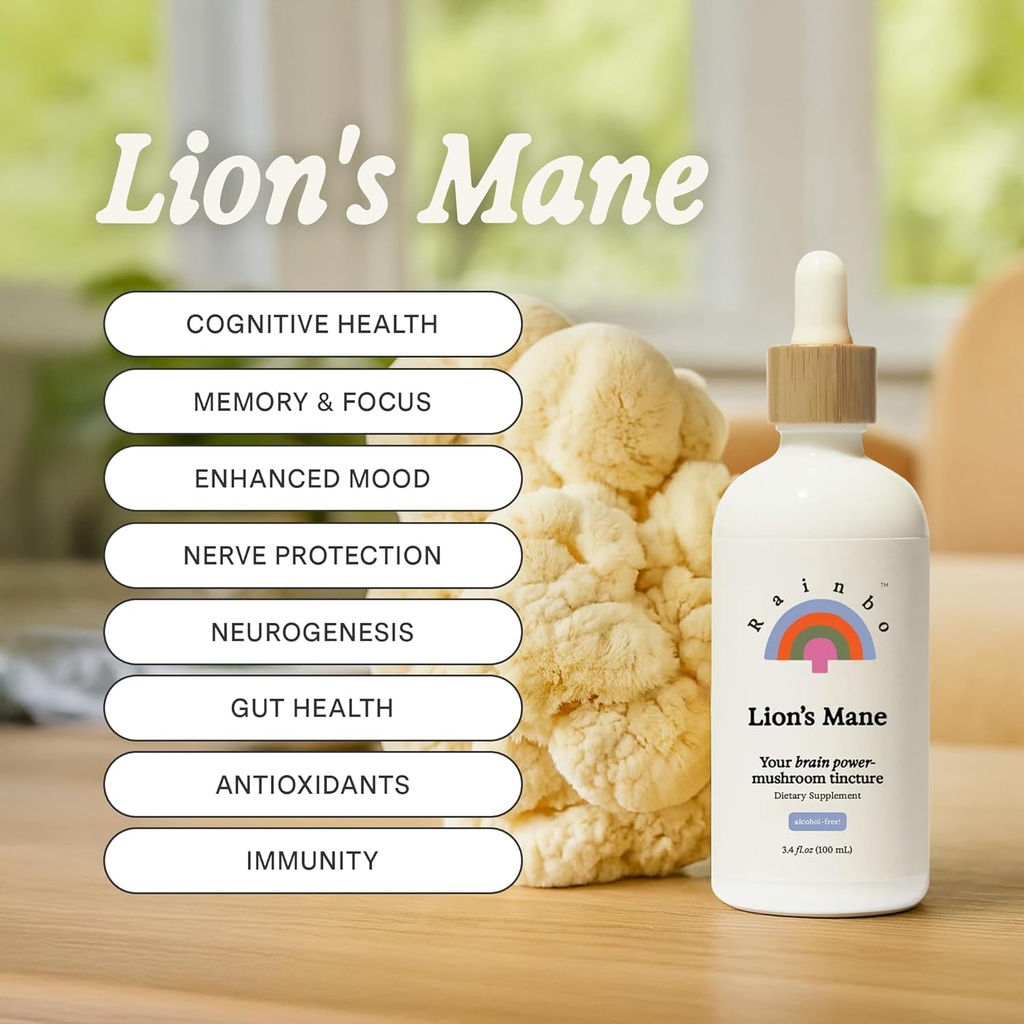 Rainbo - Lion's Mane Mushroom Tincture - Alcohol Free - Dual Extract Mushroom Supplement - Brain Support, Focus, Memory, Liquid Lion's Mane Supplement, Vegan, Non GMO, 3.4 fl oz