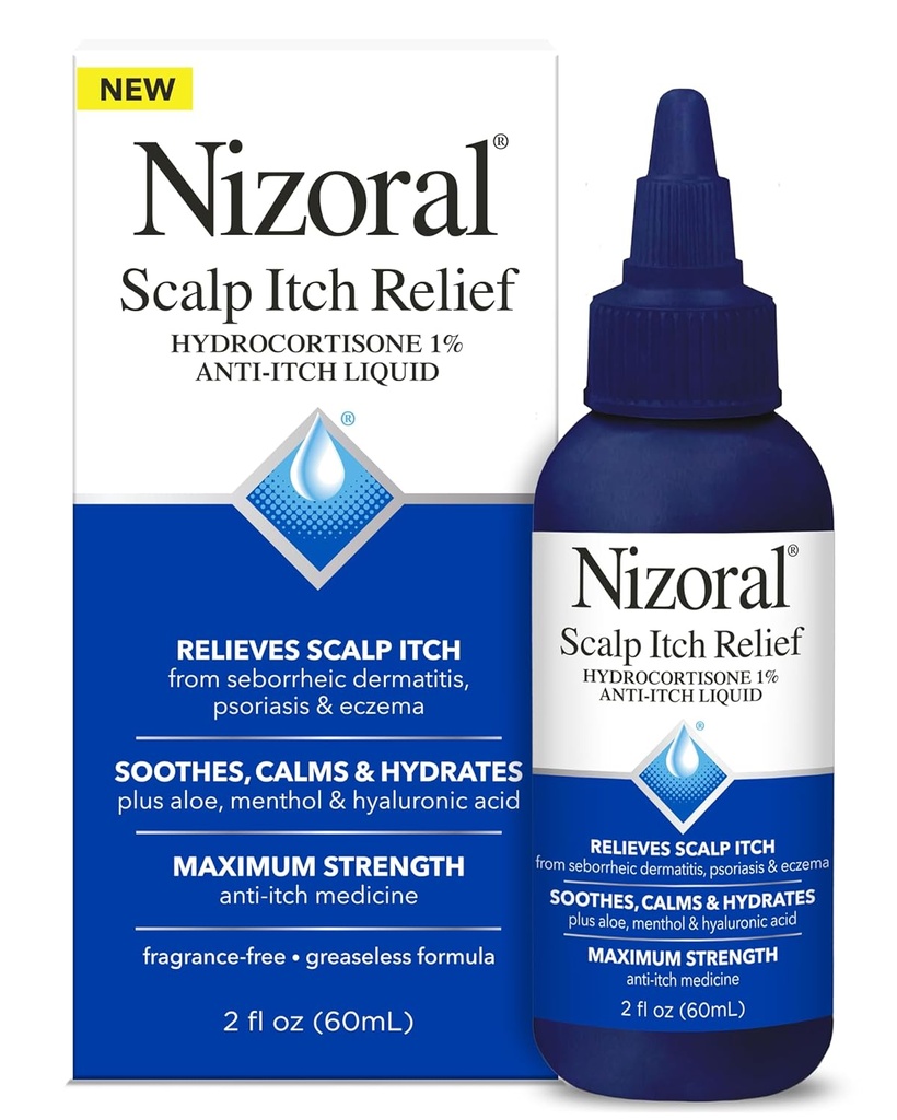 Nizoral Scalp Itch Relief Liquid—Relieves Scalp Itch and Soothes, Calms and Hydrates with Maximum Strength Anti-Itch Medicine (Hydrocortisone 1%), 2 Fl Oz