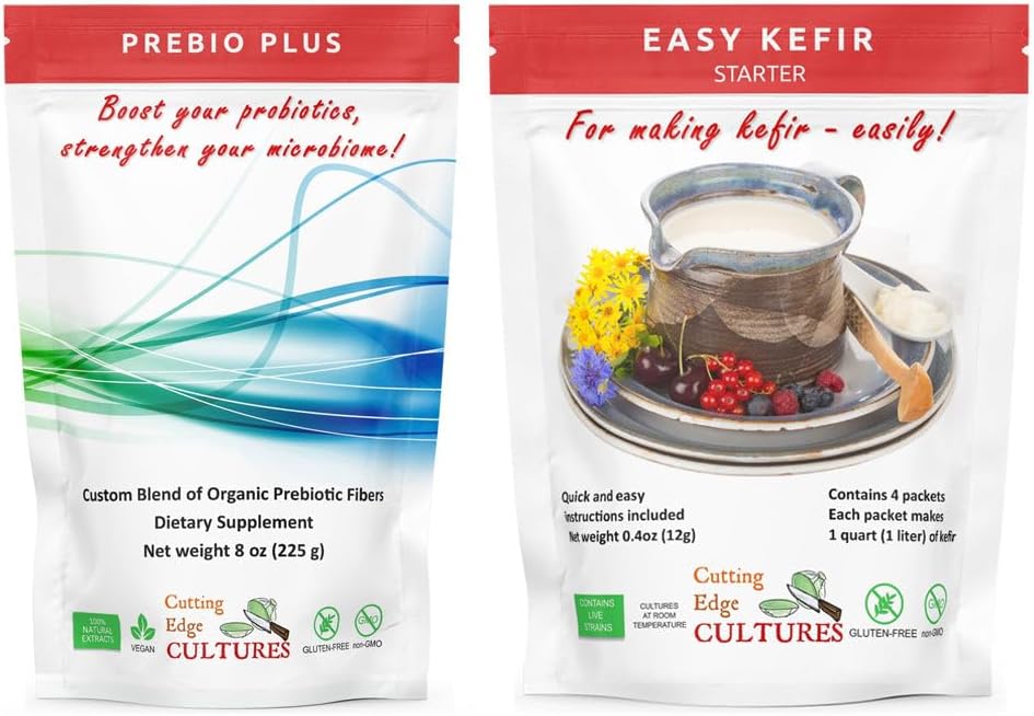 Cutting Edge Cultures Prebio Plus + Kefir Starter Culture Prebio Fiber Powder Meilleur mélange personnalisé de fibres prébiotiques biologiques complément alimentaire (1 Prebio Plus + 1 Kefir 20g)