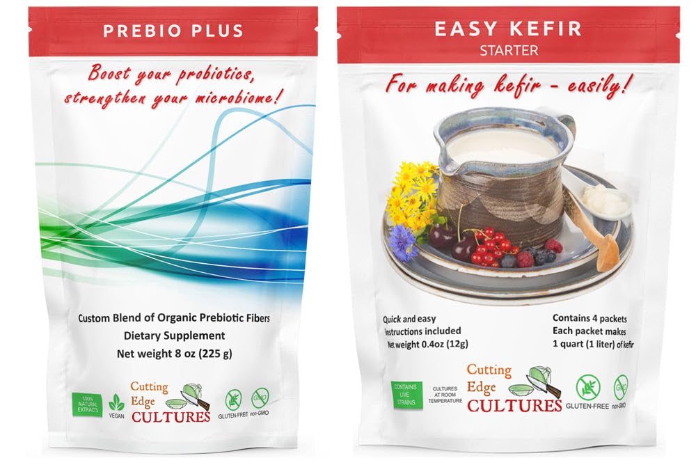 Cutting Edge Cultures Prebio Plus + Kefir Starter Culture Prebio Fiber Powder Meilleur mélange personnalisé de fibres prébiotiques biologiques complément alimentaire (1 Prebio Plus + 1 Kefir 20g)