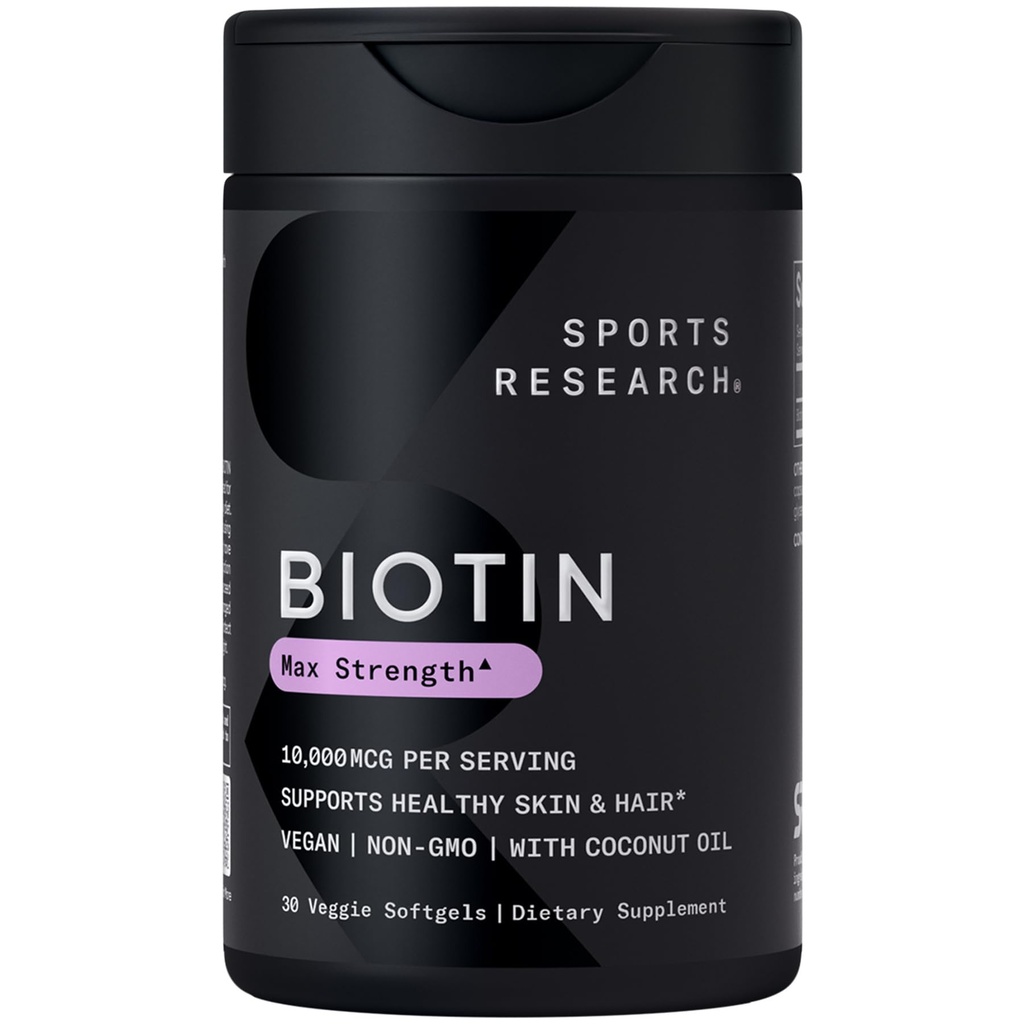 Recherche sportive® Biotine 10 000mcg à l'huile de coco biologique - Biotine (Vitamine B7) pour une peau et des cheveux sains* - pour les femmes et les hommes - Vegan, non OGM, sans gluten et sans soja - 30 softgels végétariens