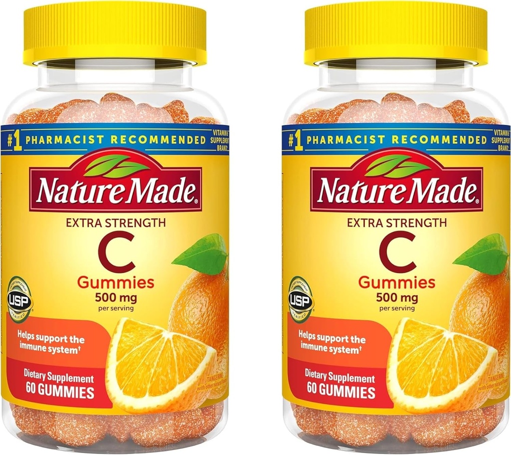 Nature rendu dosage extra-fort Vitamine C 500 mg par portion, supplément alimentaire pour le soutien immunitaire, 60 Gommies, 30 jours d'approvisionnement (paquet de 2)
