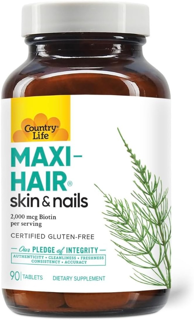 Country Life Maxi-Hair Supplément - 2000mcg Biotine & Vitamines pour les cheveux, la peau et les ongles - certifié sans gluten et végétarien - soutient la croissance des cheveux, 90 comprimés