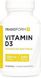 Transformer la vitamine D3 5000 UI (125 mcg) 240 softgels - supplément de vitamine D, sans gluten, sans OGM