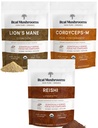 Real Mushrooms Peak Performance Bundle - Lion's Mane + Reishi + Cordyceps-M Certified Bio Mushroom Poudres pour la vitalité, l'immunité et la longévité