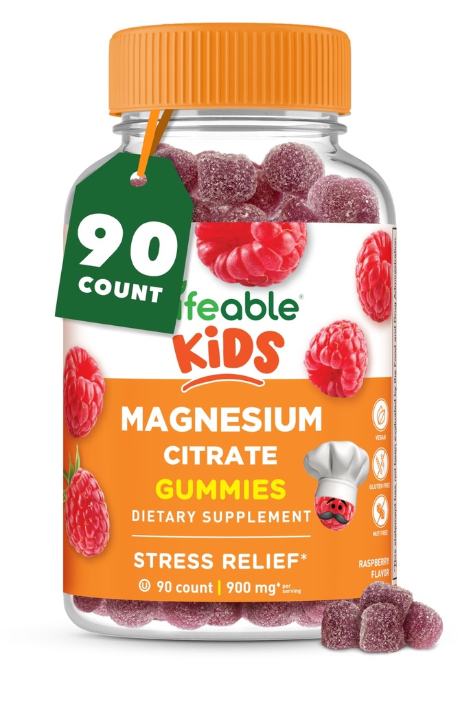 Gommies de Magnésium Lifeable pour les enfants de 900mg Citrate de Magnésium de Grand Dégustation pour les enfants Supplément de Magnésium de Gluten sans muscles et anti-stress Chewable de 90 Gummes