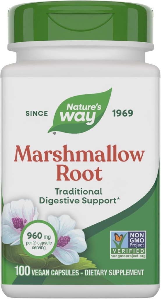 Racine de marshmallow de la nature - Supplément de racine de marshmallow pour apaisement digestif traditionnel* - Sans gluten, sans lait et végétalien - Capsules faciles à avaler - 100 Capsules (paquetage May Vary)