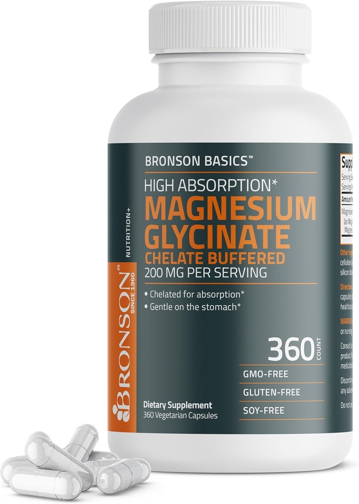 Bronson Magnésium Glycinate 200mg Haute Absorption Doucement tamponnée sur l'estomac Non-OGM, 360 Capsules végétariennes