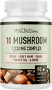 10 Complexe de champignons Supplément de 1300+ MG Blend avec Lions Mane, Turquie Tail, Cordyceps, Reishi, Shiitake, Maitake, Chaga & White Button Mushroom.