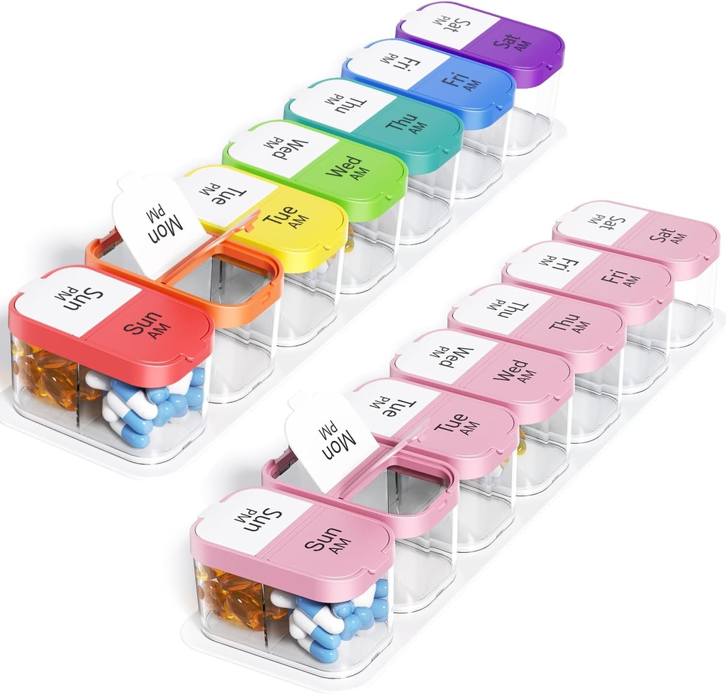 Odaro Extra Large Weekly Pill Organizer, XL Pill Box 7 Day AM PM, Jumbo Medicine Organizer 2 fois par jour pour tenir la médecine quotidienne, les vitamines et les suppléments, arc-en-ciel et rose/blanc (ensemble de deux)