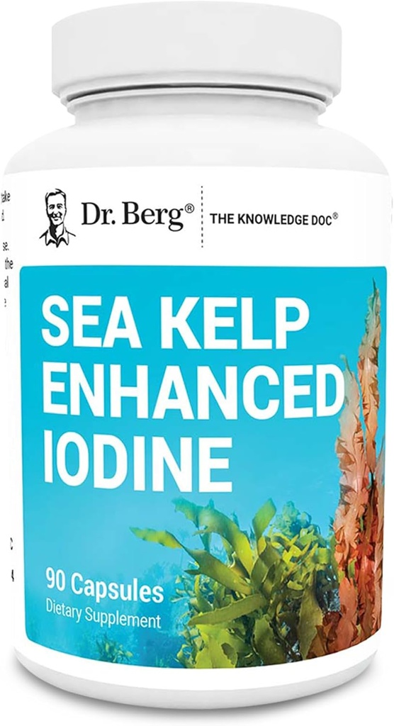 Dr Berg Sea Kelp Iodine améliorée - 200 mcg d'iode premium - Mélange d'algues comprenant des algues bleues-vertes Klamath et Kelp de mer - 90 capsules