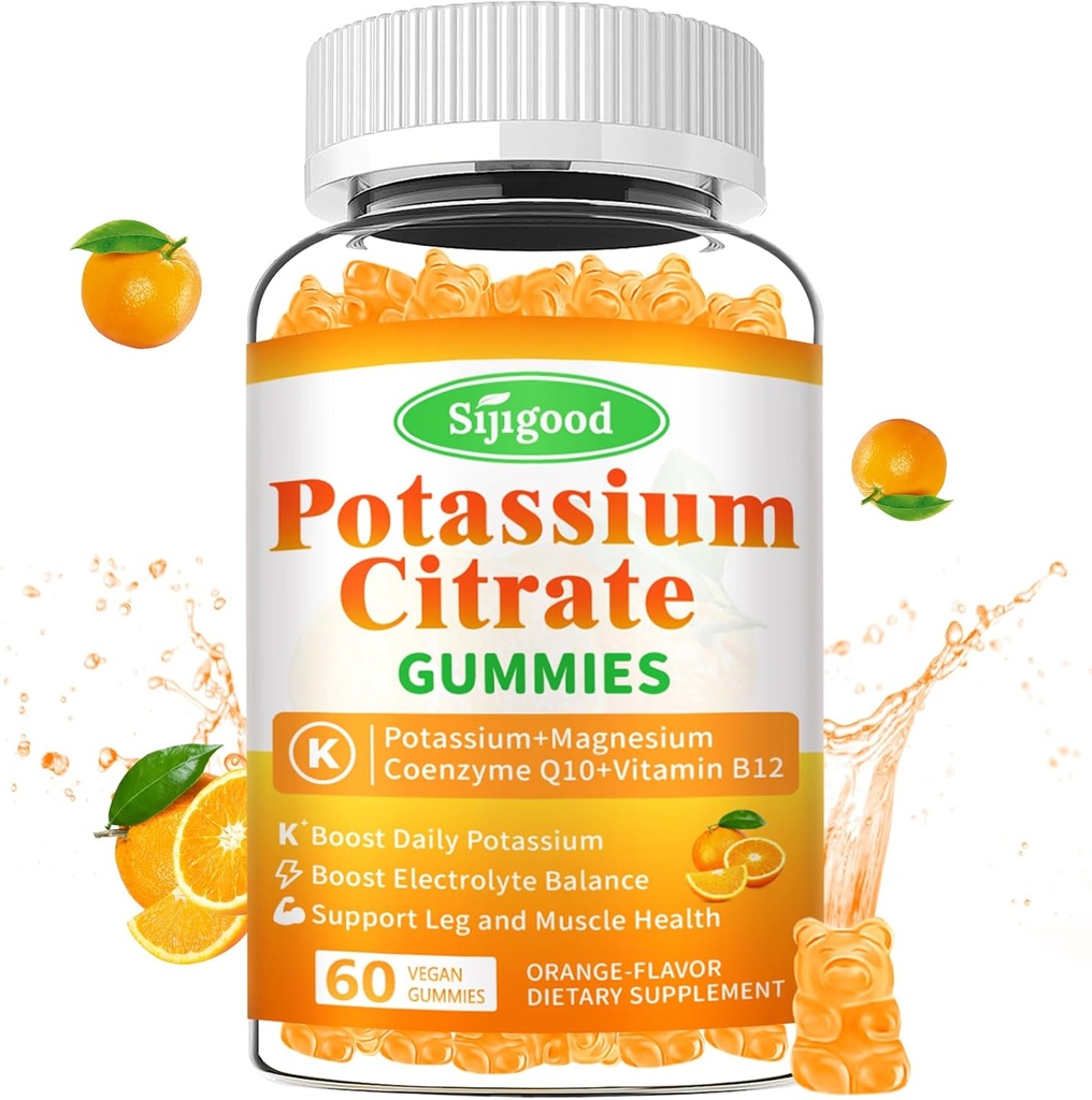 Gommies de citrate de potassium – supplément de potassium de haute puissance pour la santé musculaire, soulagement de la crampe des jambes, équilibre électrolytique – végétalien, non-OGM, sans gluten, saveur orange, 60 comte