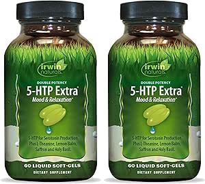 Irwin Naturals Double Potency 5-HTP Extra - 60 liquides Soft-Gels, pack de 2 - pour la relaxation et la production de sérotonine - 60 Total des portions