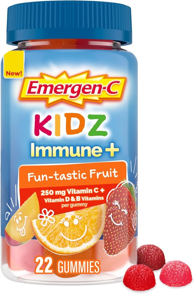 Emergen-C Kidz Immune+ Immune Support Suppléments alimentaires, Gommies aromatisées avec Vitamine C, B Vitamines et Vitamine D pour Immune Support, Gommies aromatisées Fun-Tastic Fruit - 22 Compte