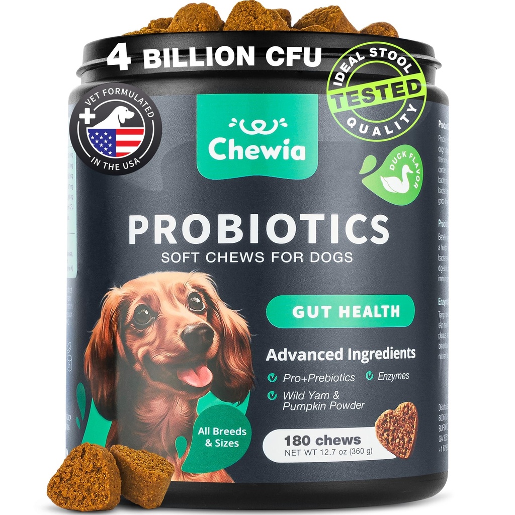 Probiotiques pour chiens Gut Health, Digestion, Immunité, Equilibre des levures, Peau de démangeaison, Allergies Support - Chien Probiotique Chews avec enzymes digestives pour Gut Flora- Soft Treats avec citrouille et poudre de levure