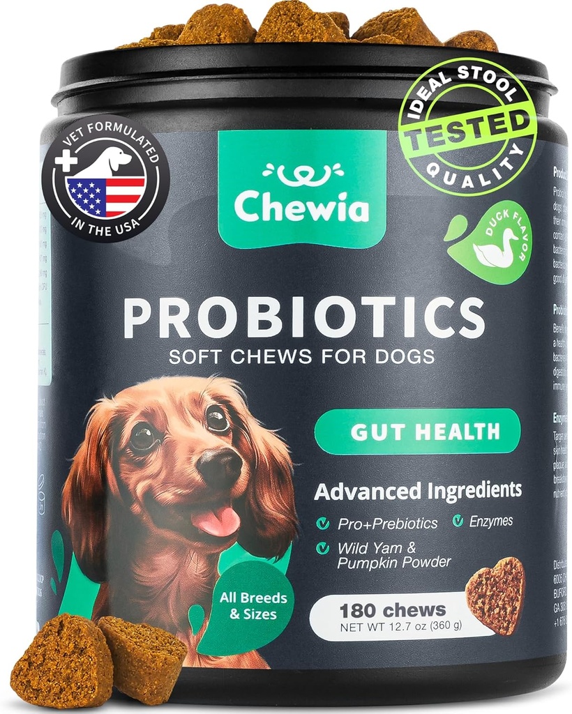Probiotiques pour chiens Gut Health, Digestion, Immunité, Equilibre des levures, Peau de démangeaison, Allergies Support - Chien Probiotique Chews avec enzymes digestives pour Gut Flora- Soft Treats avec citrouille et poudre de levure
