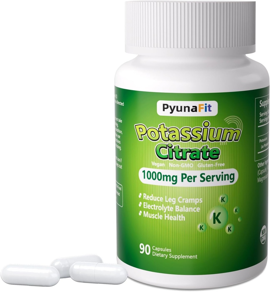 Supplément de potassium 1000mg – Citrate de potassium élevé pour les crampes des jambes, la santé musculaire et le soutien cardiaque, sans OGM et sans gluten, 90 capsules