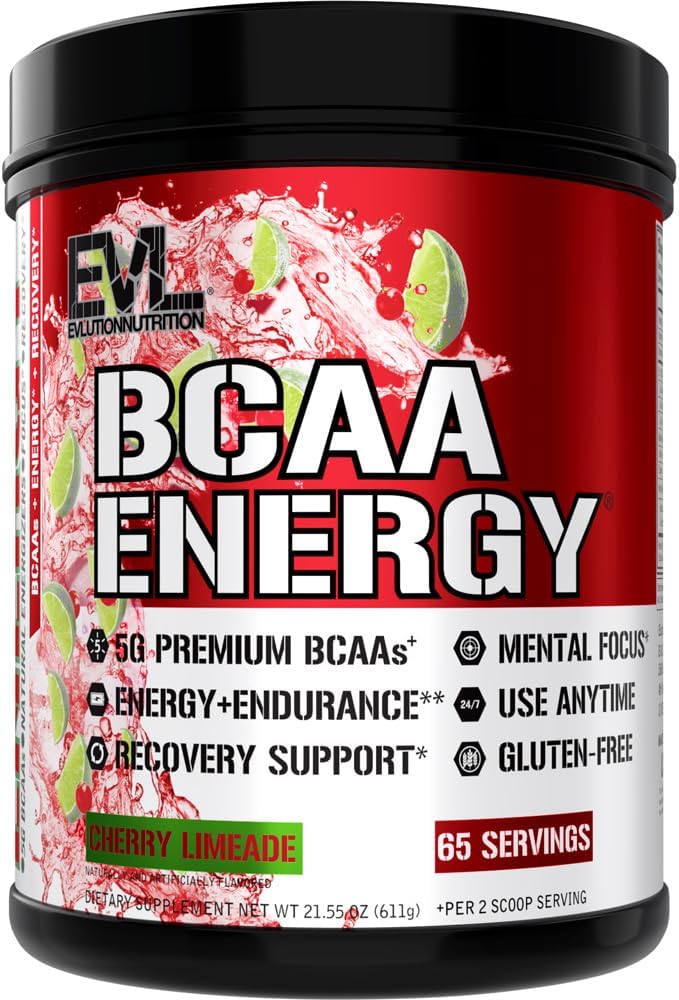 Evluution EVL BCAAs Amino Acides Poudre - BCAA Énergie Poudre de pré-entraînement pour la récupération musculaire Plongée et endurance - Réhydrater la boisson de récupération après l'entraînement avec de la caféine naturelle - Cherry Limeade