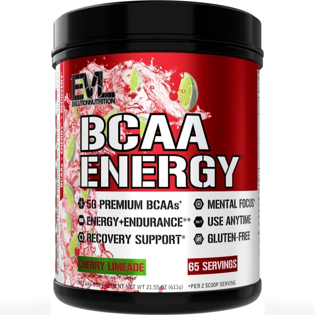 Evluution EVL BCAAs Amino Acides Poudre - BCAA Énergie Poudre de pré-entraînement pour la récupération musculaire Plongée et endurance - Réhydrater la boisson de récupération après l'entraînement avec de la caféine naturelle - Cherry Limeade