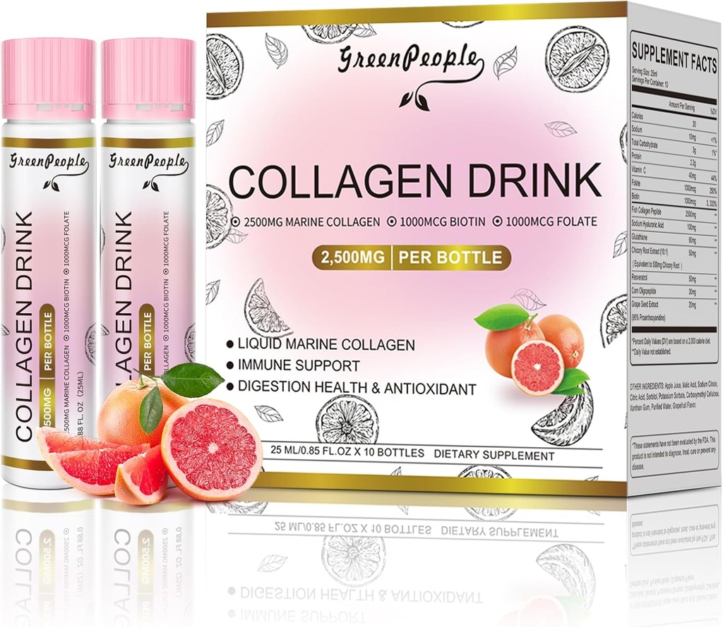 GREENPEOPLE Collagène liquide pour les femmes et les hommes, 2500mg Peptides de collagène de poisson + acide hyaluronique + vitamine B & C, ongles de peau de cheveux Bones Support (0.85 fl oz, 10 bouteilles, pamplemousse)