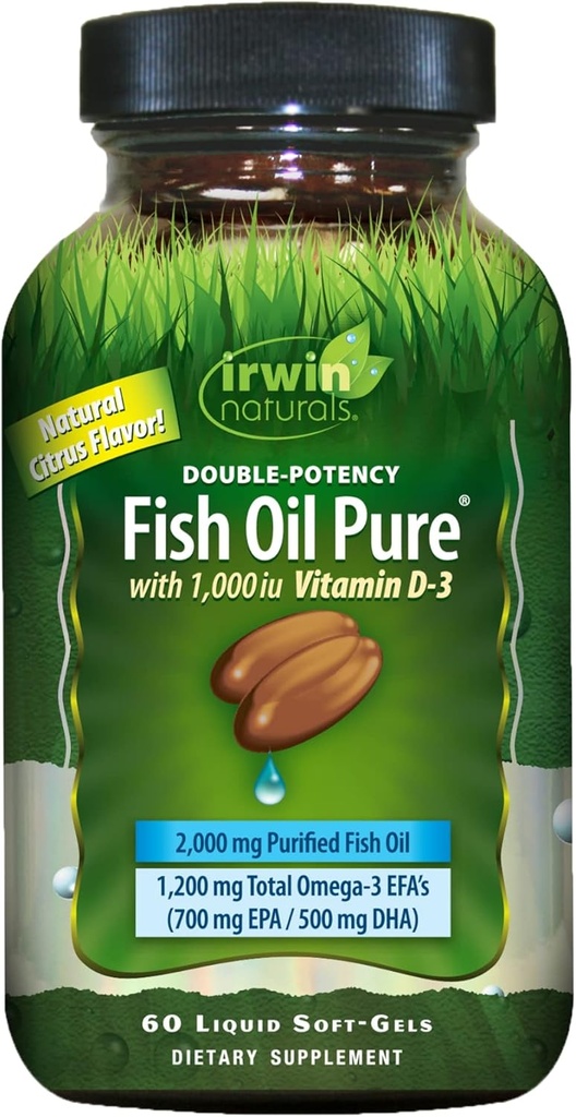 Huile de poisson double-potence Pure par Irwin Naturals, Arôme d'agrumes avec vitamine D-3, 60 liquides doux-gels