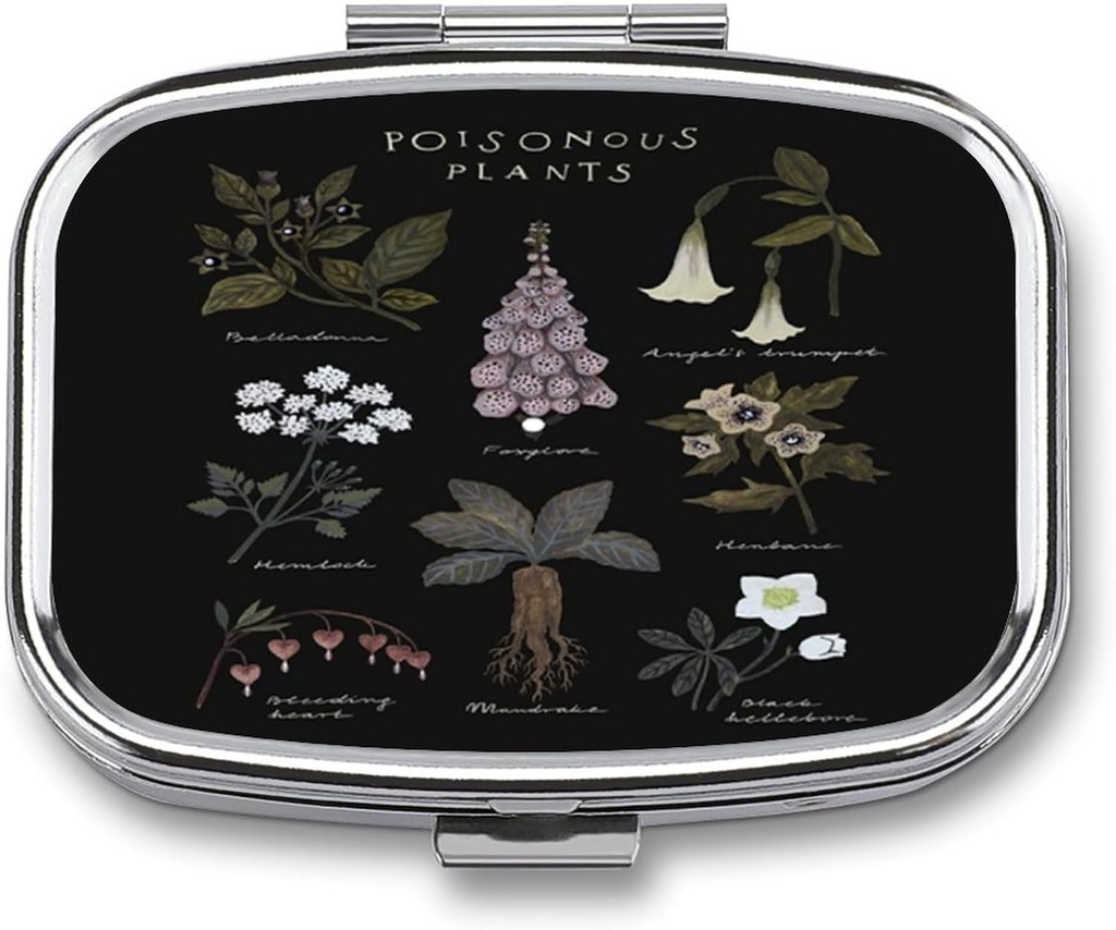 Metal 2 Compartment Pill Organizer Travel Friendly Portable Compact Pill Box Cute Pill Case to Hold Vitamins,Fish Oil,Supplements,Meds,Tablet for Purse,Pocket. (Poisonous Plants)