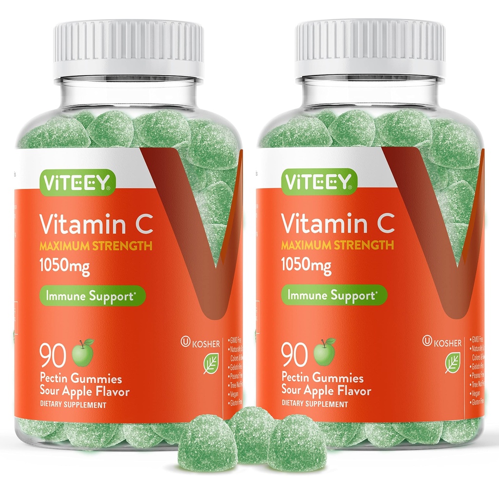 Viteey Vitamine à croquer C Gommies pour adultes - 1050mg Supplément de soutien immunitaire de la force maximale - Vegan, sans gluten - 180 Compte