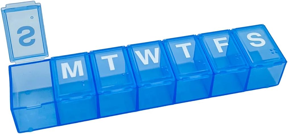 Amazon Basic Care Weekly (7 jours) Organisateur de pilules, planificateur de vitamines et boîte de médicaments, compartiments moyens, bleu