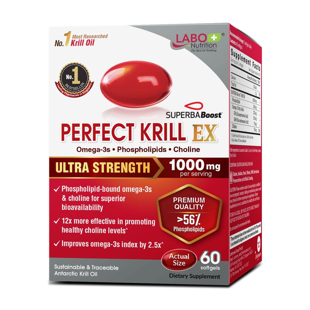 LABO Nutrition Perfect Krill EX, 1000mg Antarctic Krill Oil Omega 3 EPA DHA, Phospholipides les plus élevés (plus de 56%) avec Choline, Astaxanthin.