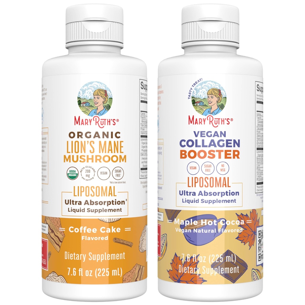 MaryRuth Organics Lion's Mane Liposomal (Cake de café) & Collagen Booster Liposomal (Maple Hot Cocoa) Clean Label Project Vitamines Verified® pour le soutien cognitif, beauté et santé articulaire, végétalien, non-OGM
