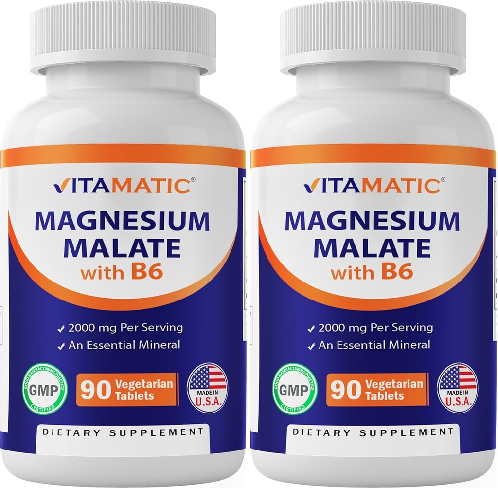 Malate de magnésium vitamatique 2000mg par portion - 90 comprimés végétariens - Ajout de B6 pour absorption maximale - Soutient la santé musculaire, articulaire et cardiaque* (2 bouteilles, non aromatisées)
