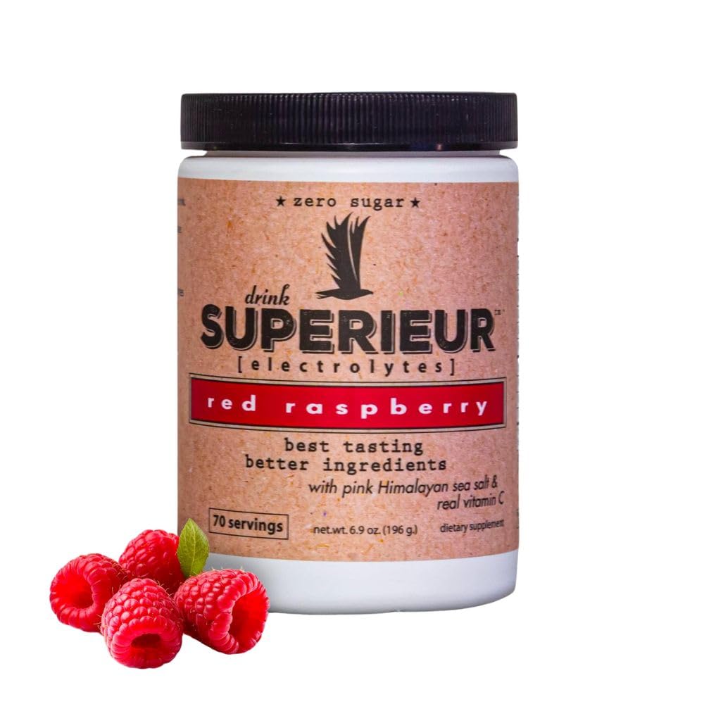 Superieur Electrolytes – Supplément d'électrolyte à base de plantes avec minéraux de mer pour l'hydratation et la récupération – Keto Friendly, non-OGM, Zero Sugar, Vegan Healthy Sports Drink Powder – Framboise (70 portions)