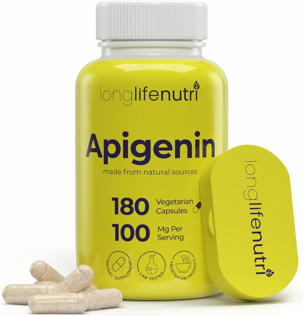 LongLifeNutri Apigenin 100mg – Bioflavonoïde naturel de l'extrait de camomille, 180 Capsules végétariennes, Supplément pour le sommeil, l'humeur et la relaxation, 6 mois d'approvisionnement, GMP certifié, Fabriqué aux États-Unis